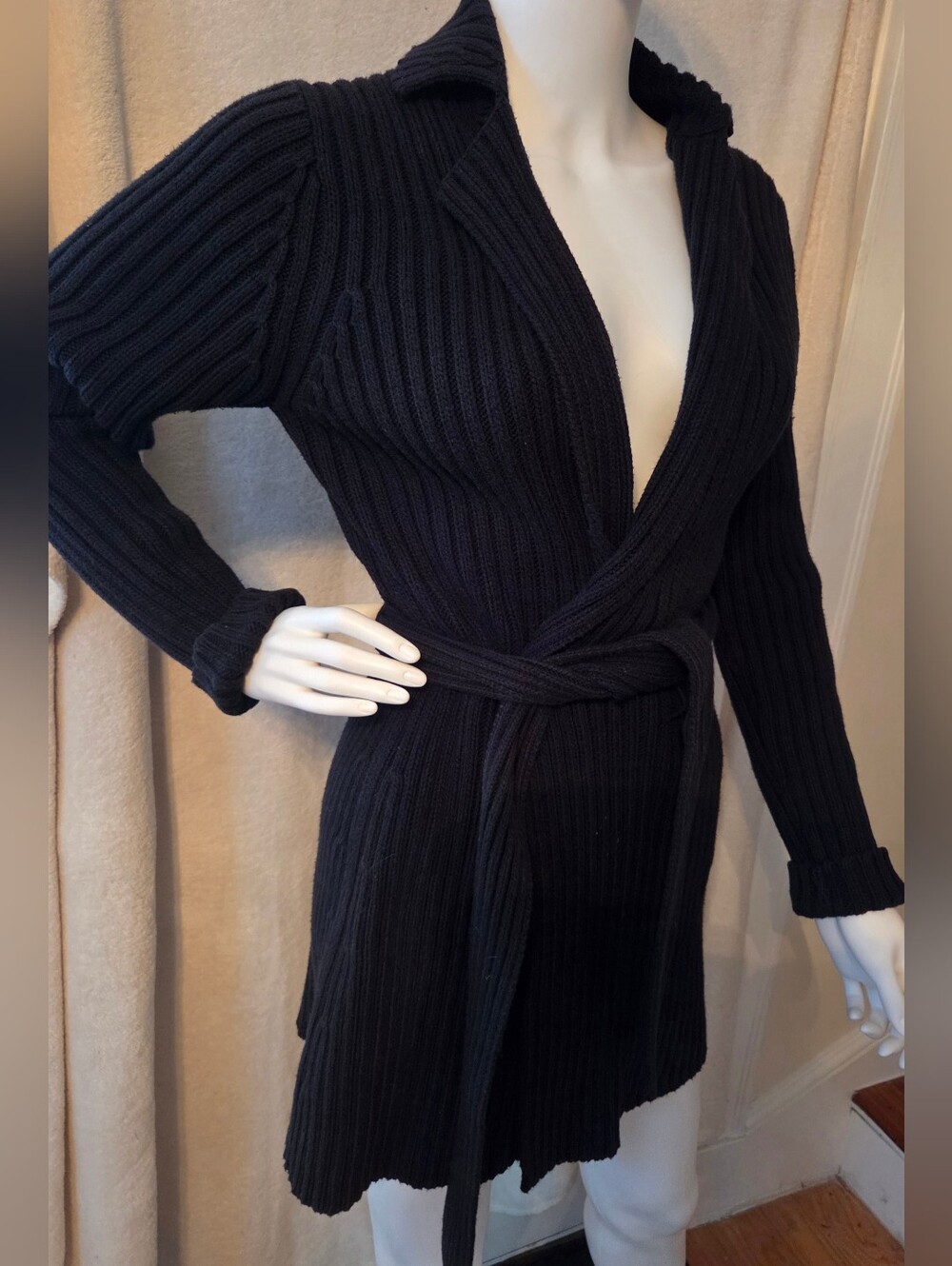 Express Black Ribbed Long Cardigan with Tie Belt